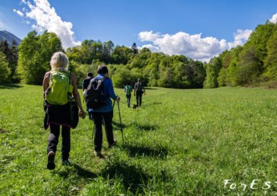 escursionisti in cammino lungo i prati della rupe di cesclans in carnia